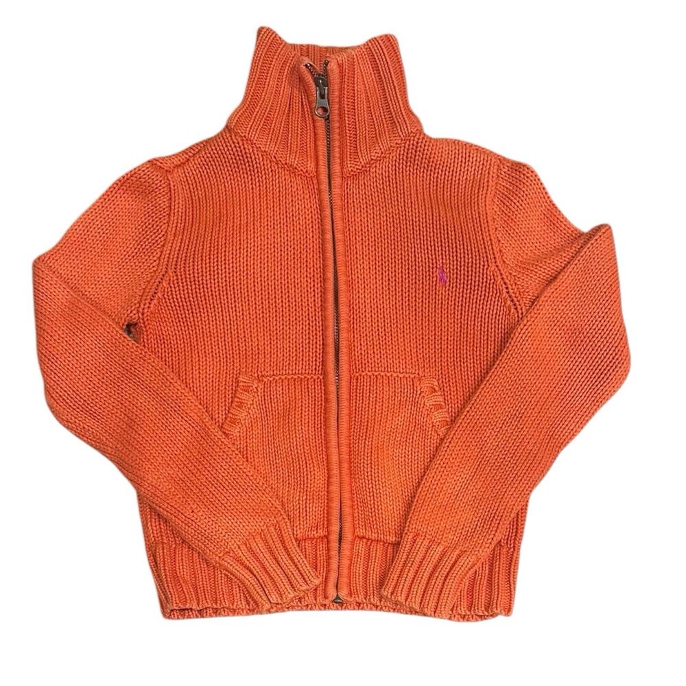 Ralph Lauren Cotton Size Small S 7 Full Zip Sweater Orange Pink Pony Jumper